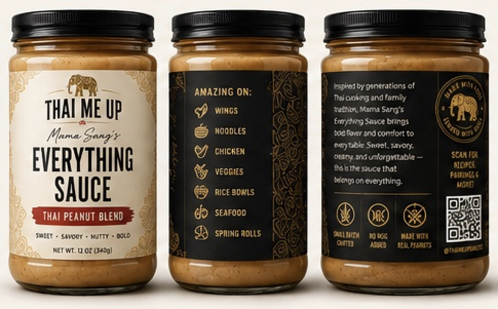 Mama Sang's Everything Sauce — three jars showing front, ingredients and story labels