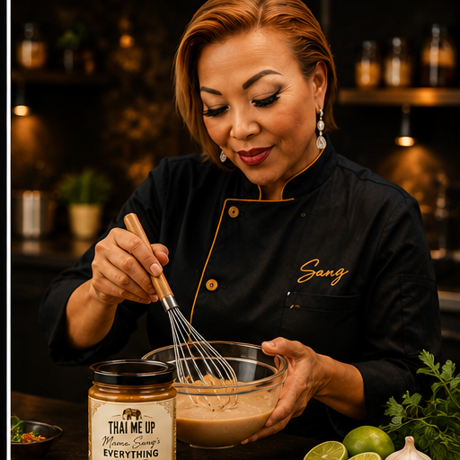 Mama Sang whisking sauce in a glass bowl
