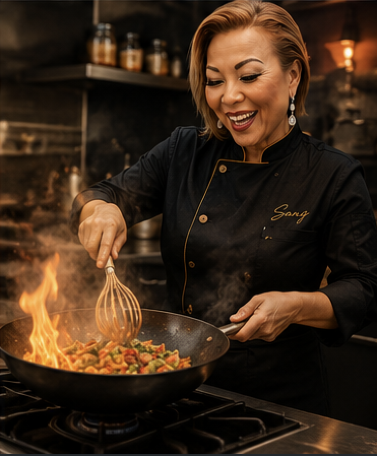 Mama Sang plating a private chef dinner